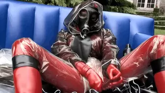 Heavy Rubber Lady With Plastic Raincoat And Her Gasmasked Gardener - Part 1 of 3 - The Masturbation