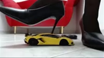 crushing a Lamborgini RC toycar is sexy siletto heels and 2 sandals