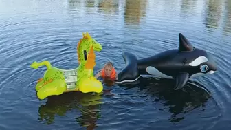 Alla swims on the lake with two rare inflatable toys and wears an inflatable vest!!!
