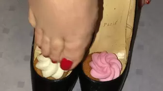 Squeezing frosted cupcakes through my Louboutin peeptoes messy barefoot shoeplay platform heels