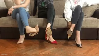 THREE GIRLS DANGLING HIGH HEELS IN A WAITING ROOM - MP4 Mobile Version