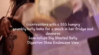 GiantessVore with a BIG hungry grumbly belly looks for a snack in her fridge and devoures ham rollups Big Bloated Belly Digestio Endoscope mkv