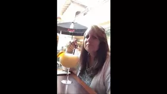 Deb's Enjoying Her Marguarita Before Driving To California in Her Foot Crusted Cum Filled Beige Montego Bay Club Wedge Heel Sandals As She Drives & Her Dirty Crusty Sandals Afterwards 2