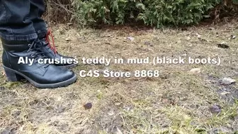 Aly crushes teddy in mud (black boots)