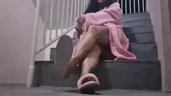 Sleepy Giantess unaware in pj shorts pink flurry robe Sexy Slippers Dangling Shoeplay drinking coffee Spycam on slippers mkv