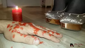 High heels hand trampling and wax pouring