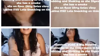 Giantess VORE & Big Bloated Belly Movements as the tinies move in her tummy Belly Rubbing and Shaking as she Digests them she has a smoke sits on floor Dirty Soles view Latina Milf Lola Snacking on tinies