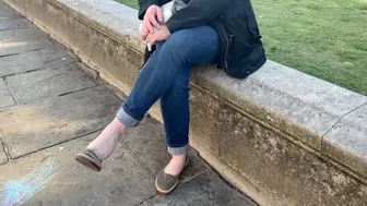 Candidly-Shot Dipping and Dangling Shoeplay on Walk in Cambridge
