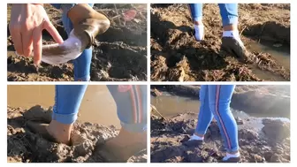 Walking in deep soft mud in high heels socks and nylon pantyhose
