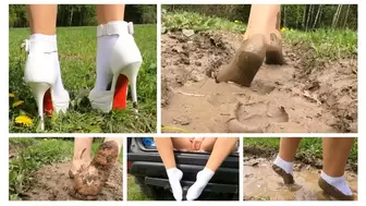 Emily is walking in deep soft mud in sexy socks nylon pantyhose and barefoot