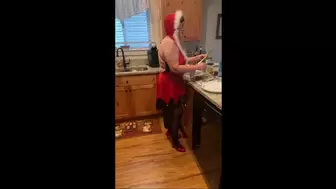 Sexy Santa's Helper Deb in Her Christmas Lingerie, Black Stockings and Red Comfort Plus Spiked Heel Pumps Busy in the Kitchen (12-25-2020)
