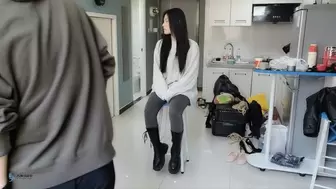 Girl in black boots is gagged and tied to a chair(Chinese model JiuNian)