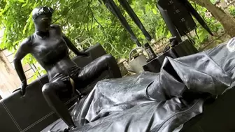 Rubber Couple Have Fun On Large Black Latex Bed Outdoor - Part 1 of 2 - Riding Dildo