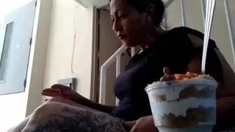Giantess stepMommy unaware accidental VORE her stepson has a shrinking fetish and snuck in a tub of her favorite desert he jerks off in it and she goes in the fridge gets it and eats it up close chewing avi