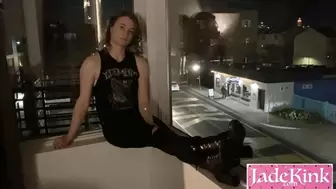 Exhibitionist fucking in front of huge windows on busy street