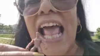 Giantess Lola Latina Milf Towers over you sayinf Fee Fi Fo Fum Stomping and finds a lost tiny dirty man outside while running errands and eats him