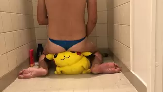 Dominates large toy bear in the shower