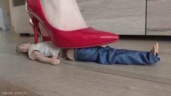 Toy crush in red heels and feet covered in pantyhose