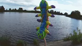 Alla blows away a rare inflatable caterpillar on the shore!!!