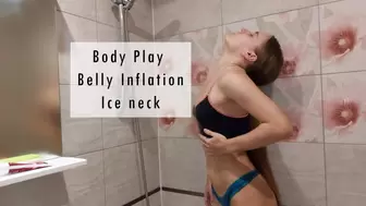 Body Play Belly Inflation Ice neck - Deep breathing - Shower scenes - Ice fetish - Long neck close up - Fitness model in leggings