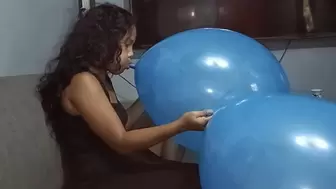 Sexy Juju Blows 2 BIG Blue Balloons Compares Them And One Gets Blown To Pop
