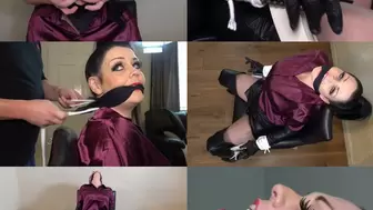 Evil Emma chair bound and gagged in leather and satin