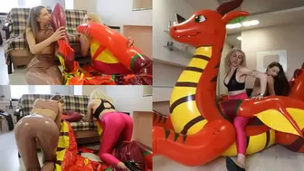 Nastya and Katya are blowing an inflatable dragon