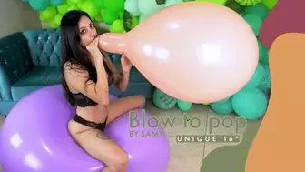 Samy Blow to pop Pink 16" Wile sitting on 40" balloon