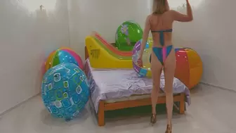 Alla is evil and destroys five rare beach balls and an air mattress with her heels and nails, fucking them hotly!!!