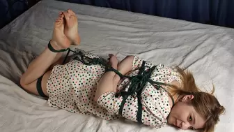 Grace: hogtied barefoot with green rope girl is tickled on the bed by her friend (HD MP4)