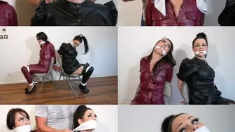 Leather clad spy's chair tied and handkerchief gagged (mp4)
