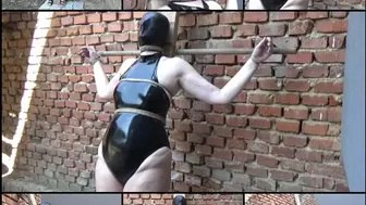 My amateur bondage, July, 22, 2022: Hooded in shiny PVC swimsuit
