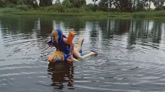 Alla fucks a rare inflatable shark hotly naked while swimming on it on the lake and wears a rare inflatable Snorke Pro vest with bandages!!!