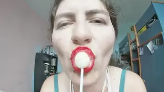Red lipstick and lollipop licking and sucking