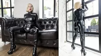 Dominant Katya in totally leather outfit and chap boots