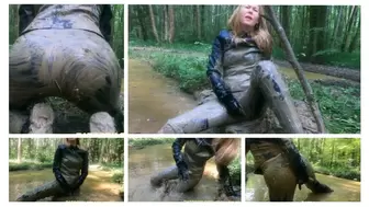 Emily in all leather clothes stuck in deep mud and masturbates till strong orgasm
