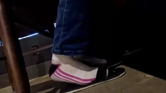 Shoeplaying waiteress showing filthy socks in flip flops foot fetish SD