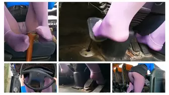 Pedal pumping, smelly opaque pantyhose and footjob in old bus Mercedes-Benz