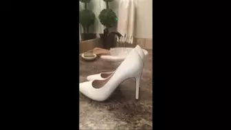 Debbie Fucking Hubby Wearing White Lacy Body Stocking & Cum Filled White Mix Six Stiletto Spiked Heel Pumps 3