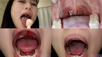 Mika Horiuti - Showing inside cute girl's mouth, chewing gummy candys, sucking fingers, licking and sucking human doll, and chewing dried sardines mout-139