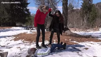 GABRIELLA & SCARLET - A trip to the mountains - BRUTAL trampling with muddy boots in the snow, muddy boots licking (CRAZY EXTREME CLIP!) - (For mobile devices)