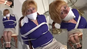 New MP4 Full Screen High Definition Format Housewife Kelly Tight over mouth cloth gag, chairtied wearing tight skirt, blouse, pantyhose and heels