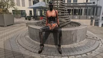 Latex transparent Catsuit, large Butt Plug and mask Flashing, Peeing and fucking in the city Piercings Out PART II