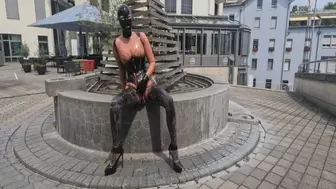 Latex transparent Catsuit, large Butt Plug and mask Flashing, Peeing and fucking in the city Piercings Out PART III