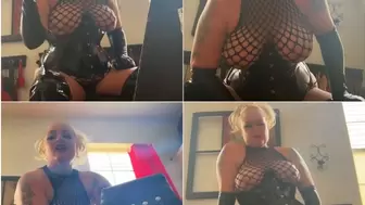 Booted corseted Domme your hole with BBC dildo and hand Gag on it