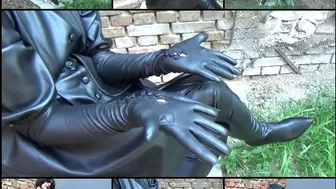 Mistress Angela in long leather gloves with buttons