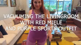 VACUUMING LIVINGROOM WITH RED MIELE AND PURPLE SPORTS OUTFIT