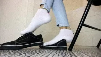 Shoeplay in white socks with red ,black sneakers