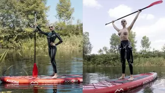 Katya paddle boarding in latex catsuit