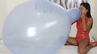 Sexy Camylle Blows To Pop Huge Blue Roomtex Balloon In Red Leather Jumper